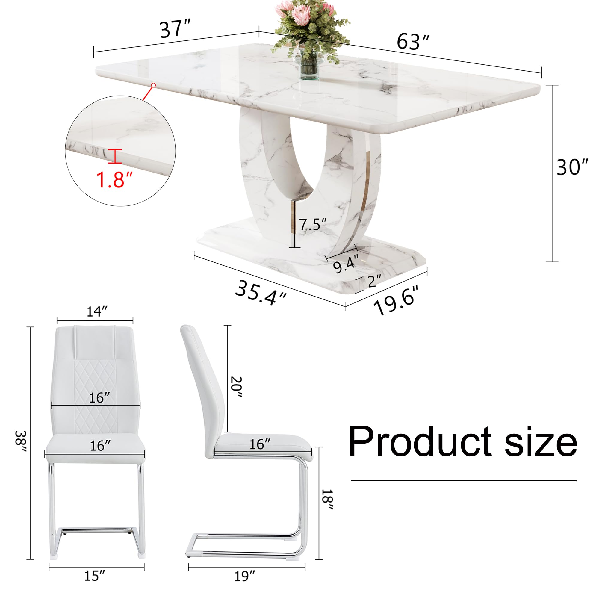 Modern White Marble Dining Table Set for 4,5 Piece Rectangle Dining Room Table Set
