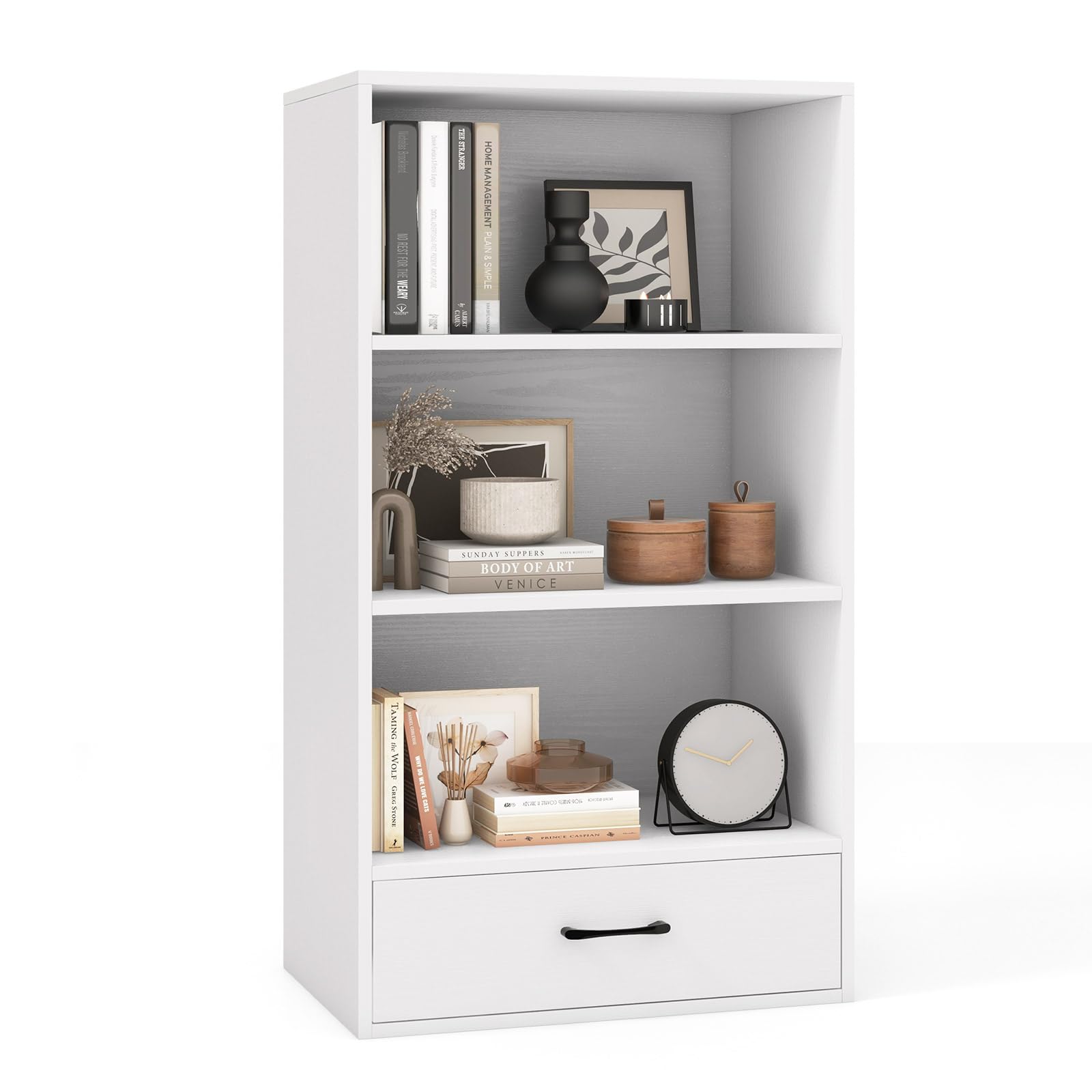 IFANNY 3 Shelf Bookcase with Drawer, Wood Bookshelves and Bookcases, Cube Bookcase Shelf, Small Bookshelf with Storage for Small Spaces, White Book Shelf for Bedroom, Living Room, Home Office