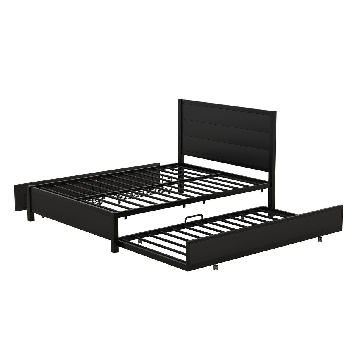 Metal Full Size Metal Platform Bed Frame with Twin Size Trundle and 2 Drawers for Kids