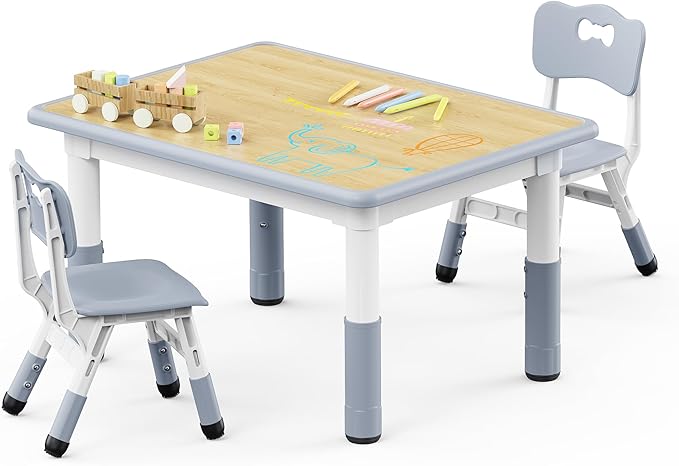 Kids Table and 2 Chairs Set, Height Adjustable Toddler Table and Chair Set, Graffiti Desktop