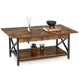 Industrial Coffee Table, 2-Tier Wood Cocktail Tea Table with Storage Shelf