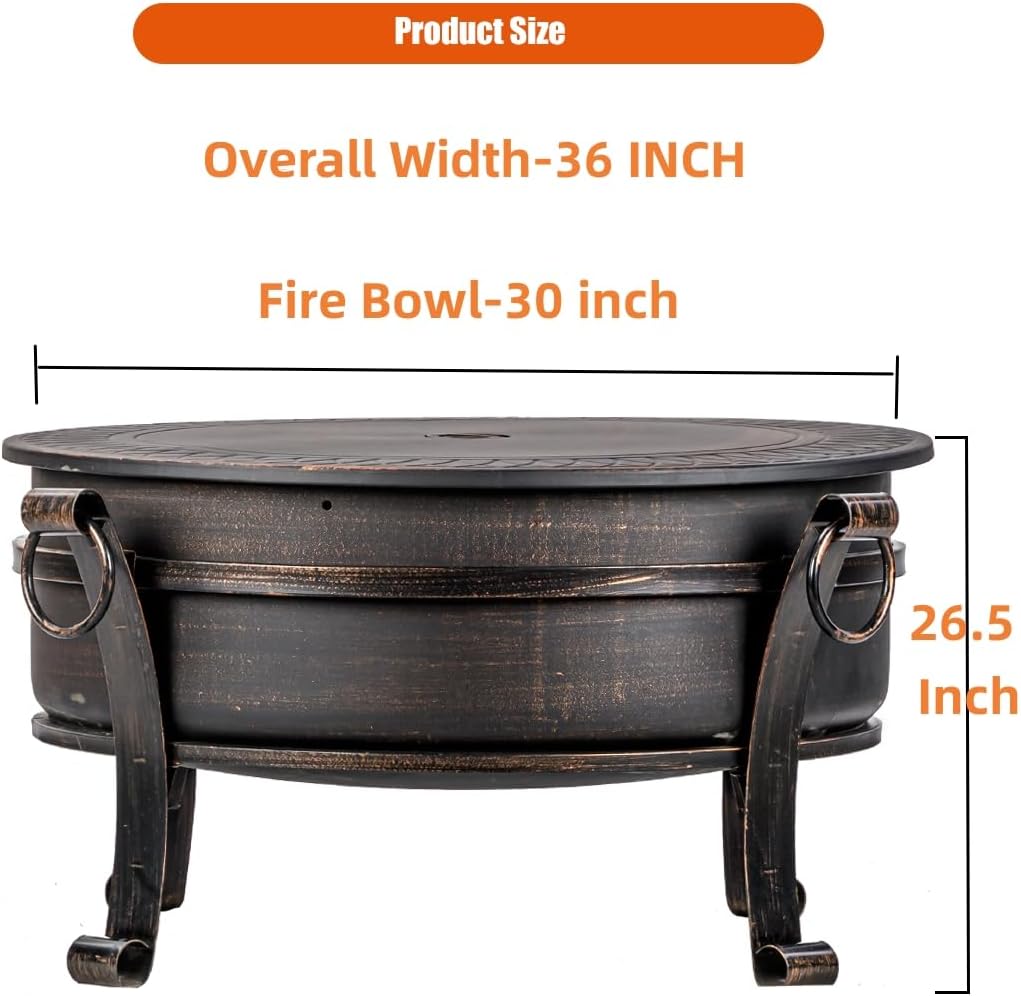 EcoNook 36 Inch Fire Pit with Grill & Lid, Fireplace & Round Table & BBQ 3 in 1 Fire Pit,Heavy Duty Wood Burning Fire Pits for Outside with Fire Poker, Waterproof Cover & Log Grate