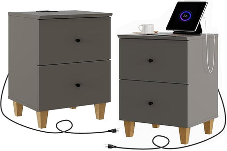 Nightstands with Charging Station & 2 Drawers Storage, Modern End Tables Mid-Century