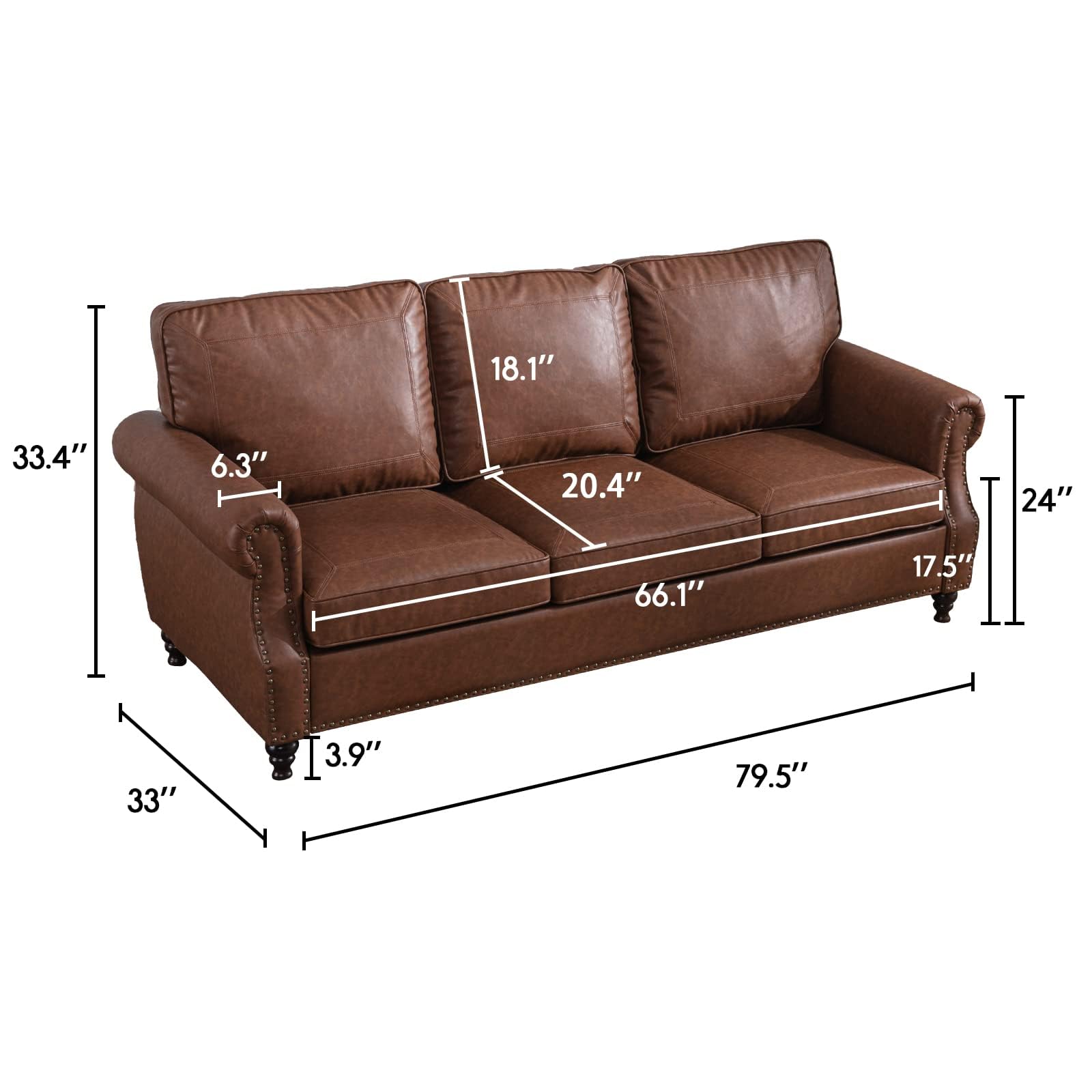 79'' Traditional Faux Leather Sofa Couch with Nailhead Trim, Classic 3-Seater Couch