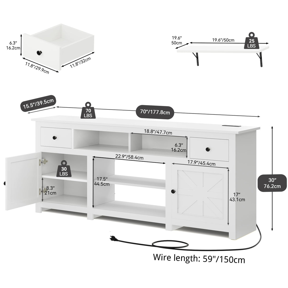 Farmhouse TV Stand, Entertainment Center with Power Outlet for TVs Up to 80 Inch,