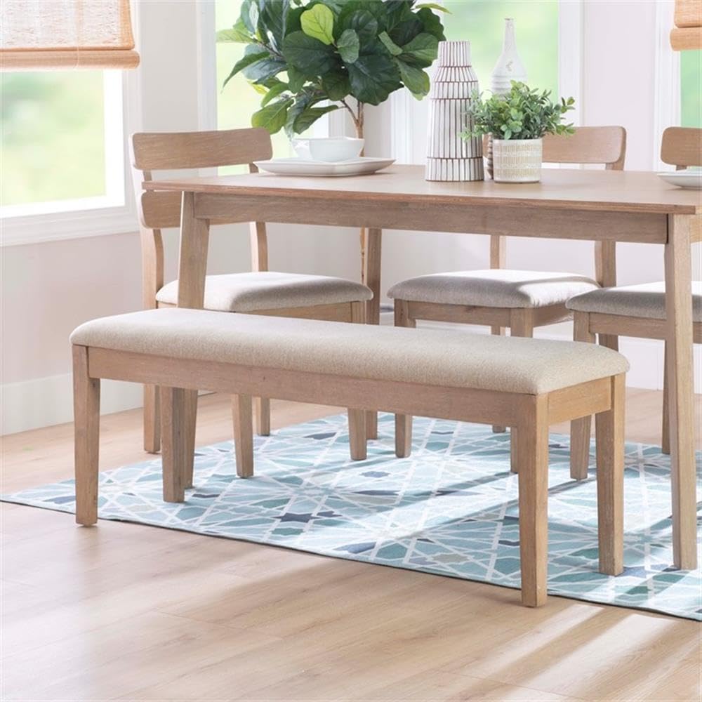 Miles Sturdy Wood Bench Light Beige Padded Seat in Natural Lacquer