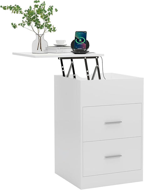 Nightstand with Charging Station,Upgrade Nightstand with Lifting Top,Night Stand with Drawers, End Table with USB Ports and Outlets, Bedside Table for Bedroom, White