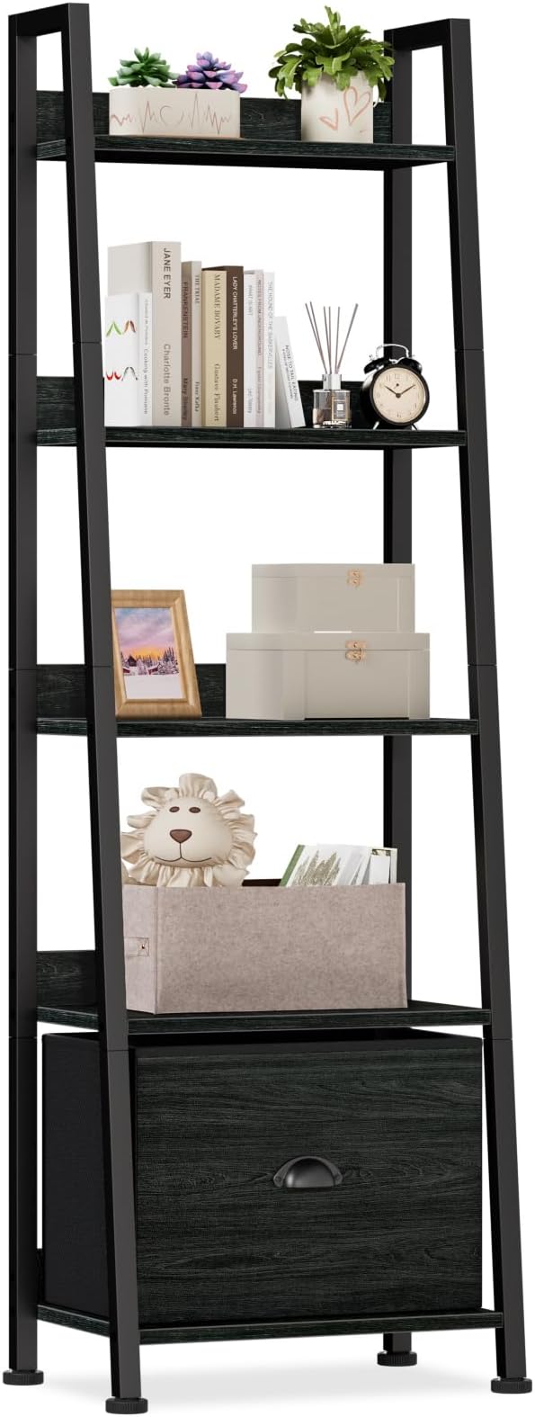 5-Tier White Ladder Shelf, Ladder Bookshelf with Removable Drawer, Mordern Bookcase Storage Rack Organizer, Wood Metal Freestanding Storage Shelves for Living Room, Home Office, Bedroom