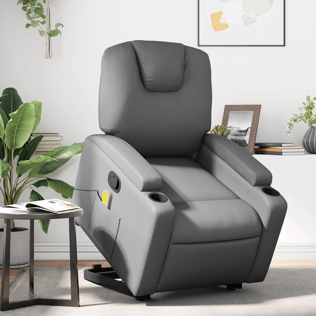 Power Lift Massage Recliner Chair - Manual Reclining, Vibrating Massage, Cup Holders, Faux Leather, Electric Stand-Up Aid, Gray