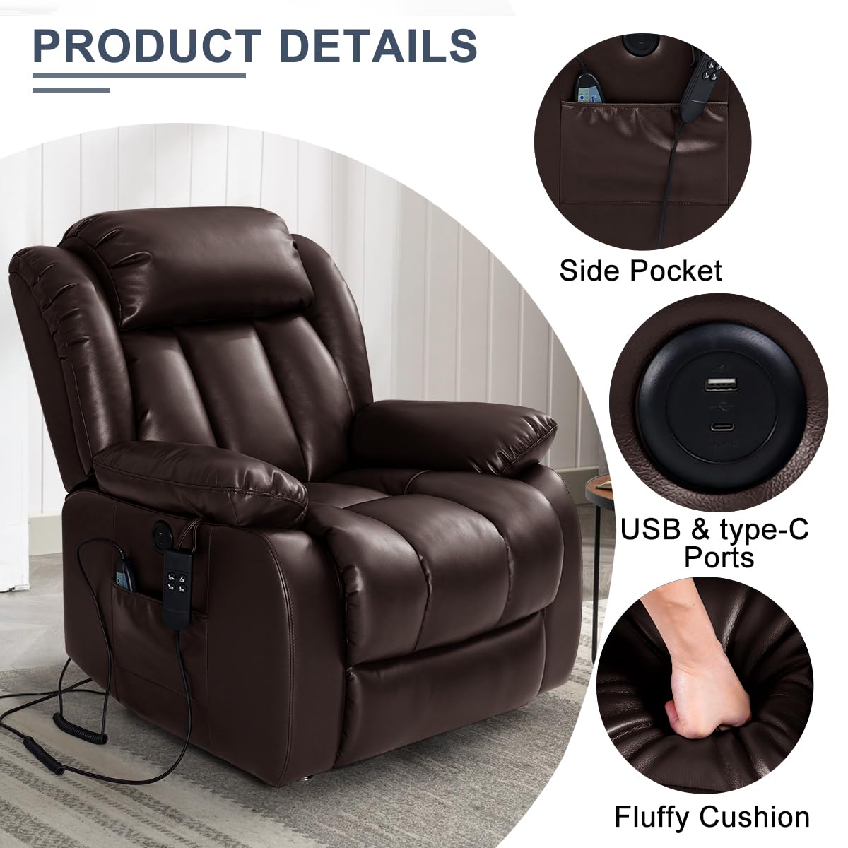 Infinite Position Power Lift Chair Lay Flat Recliner Dual Motor Sleeper Chair with Massage