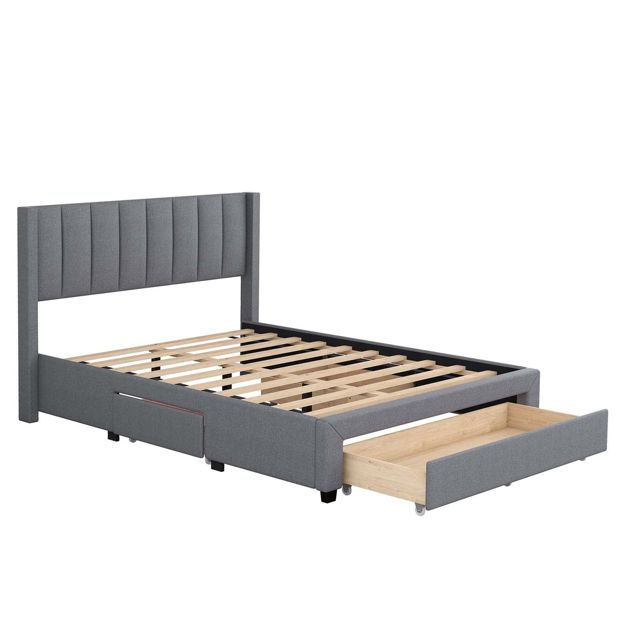 Upholstered Platform Bed with a Large Drawer in Footboard and 2 Drawer on Side,
