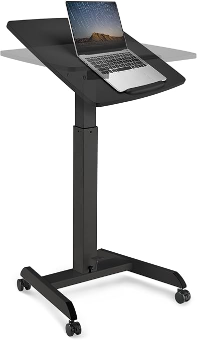 Mobile Podium - Pneumatic Standing Desk with 30 Degree Tilting Top, Adjustable Podium