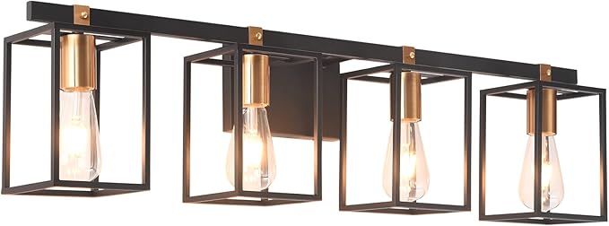 Bathroom Light Fixtures 4-Light Mid Century Rustic Vanity Lights with Black and Gold