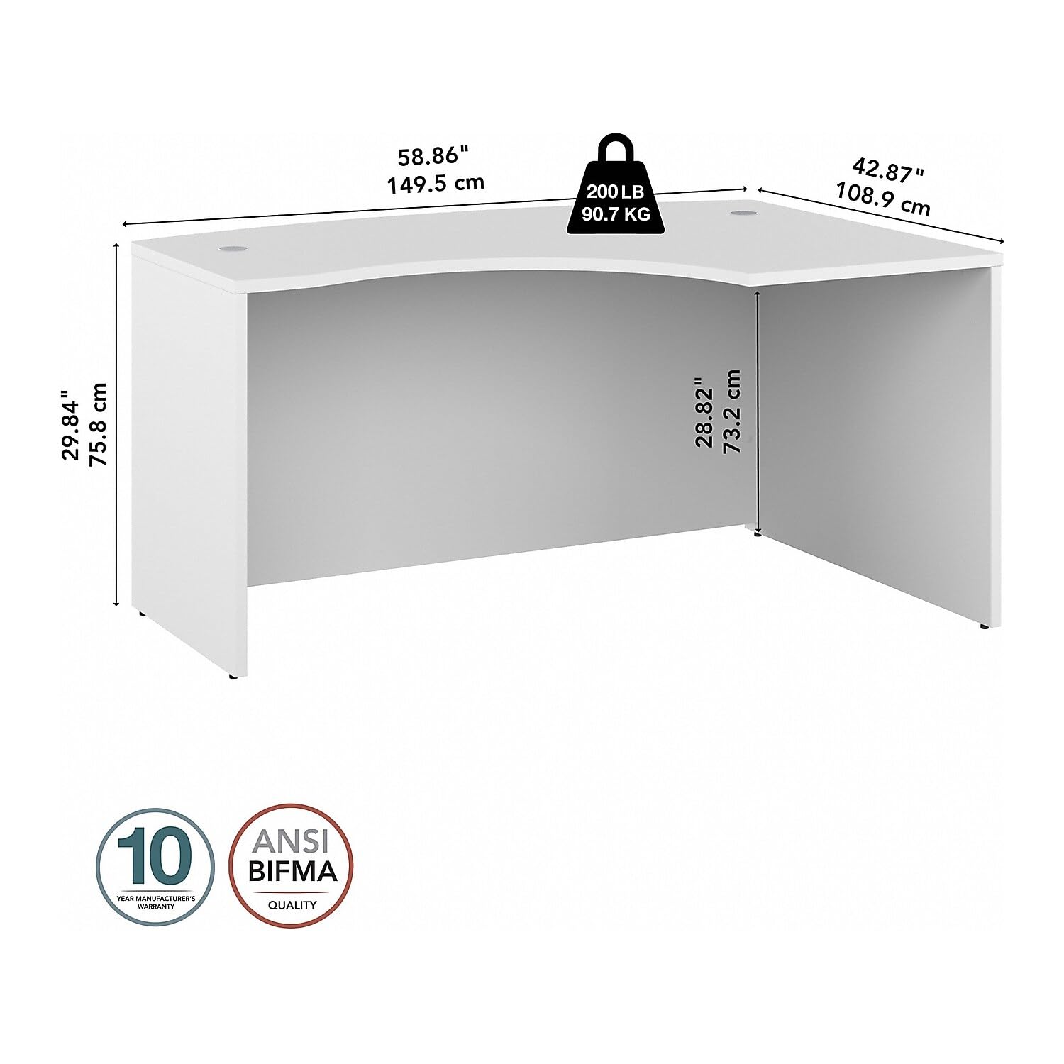 Furniture Studio C 60W x 43D Right Hand L-Bow Desk Shell in White