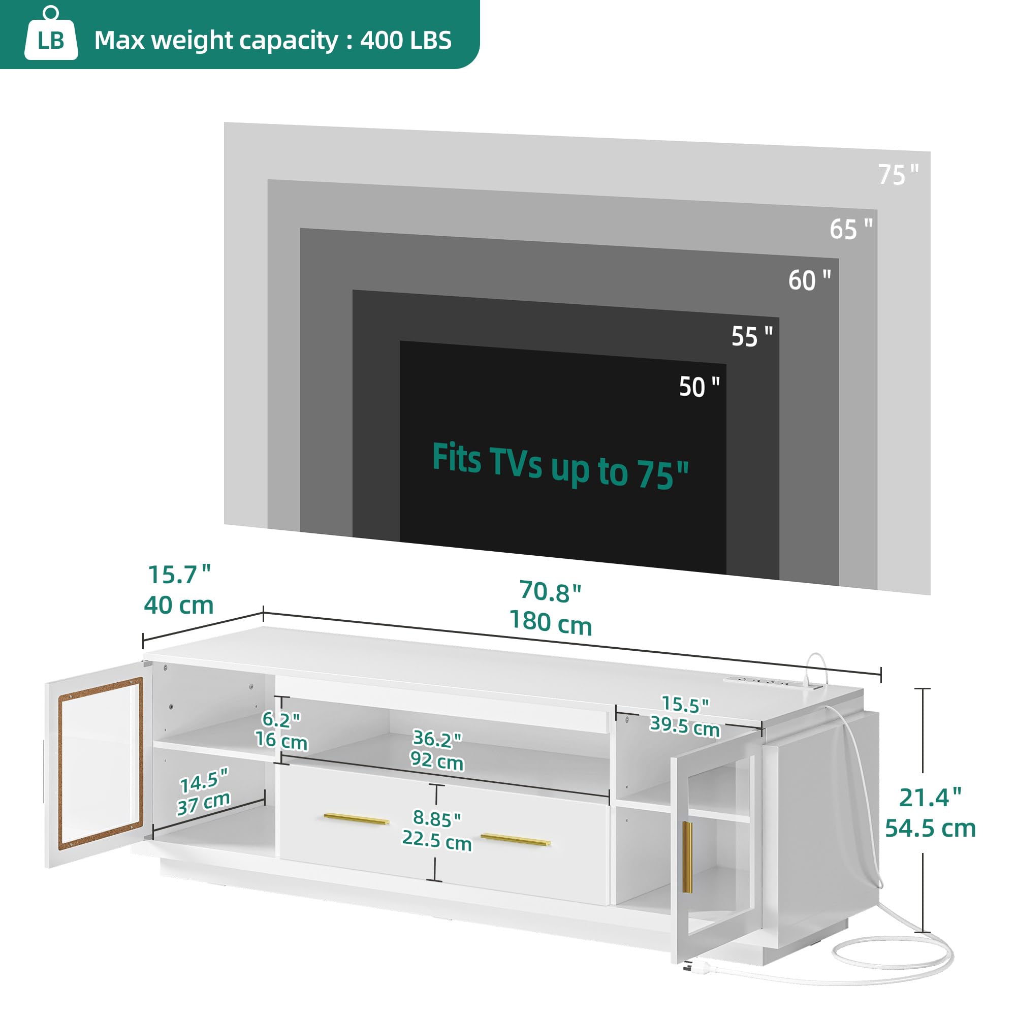 LED TV Stand with Power Outlets, Modern Entertainment Center Media Console