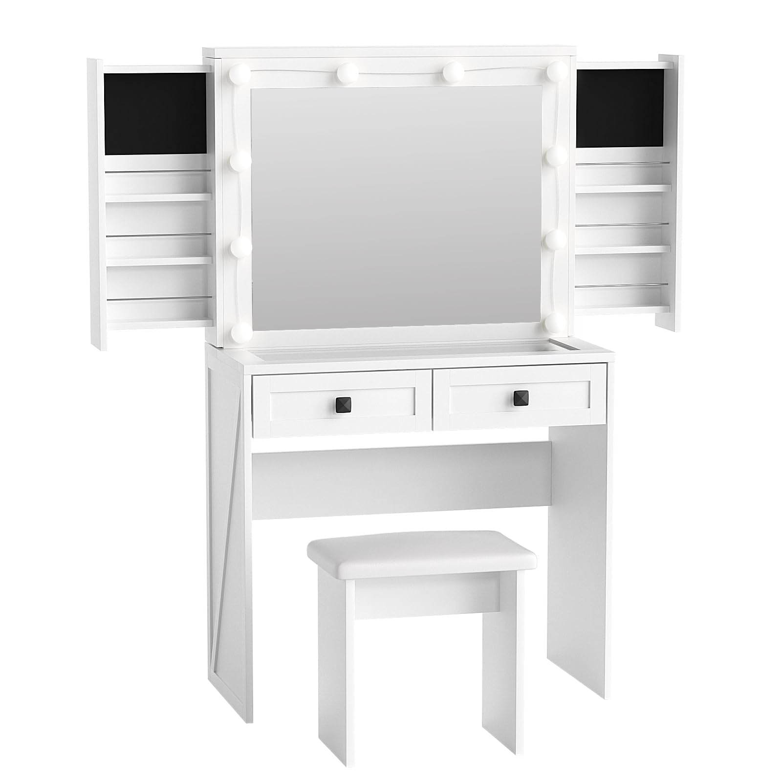 SMOOL Farmhouse Vanity with Lighted Mirror, Vanity Desk with Power Outlet & Power Outlet, 3 Color Lighting Modes Adjustable Brightness, Vanity Table for Women Girls, White