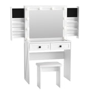 SMOOL Farmhouse Vanity with Lighted Mirror, Vanity Desk with Power Outlet & Power Outlet, 3 Color Lighting Modes Adjustable Brightness, Vanity Table for Women Girls, White