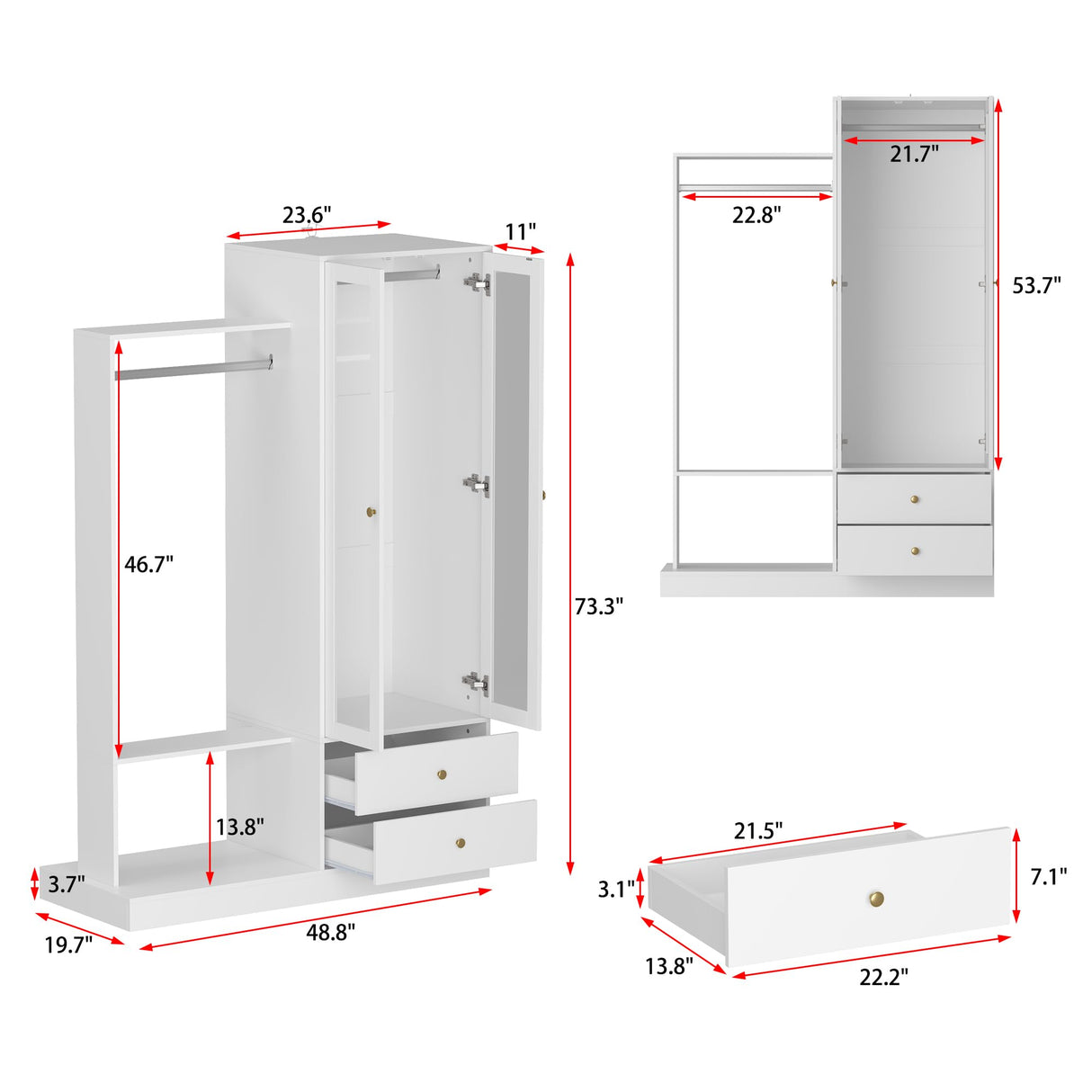 73.3" H Wardrobe Armoire with Glass Doors, 2 Hanging Bars & 2 Drawers