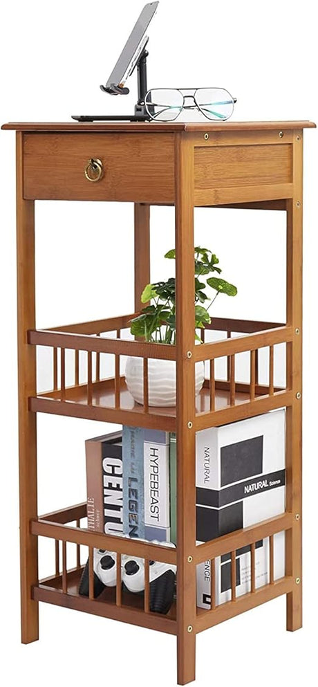 Bamboo End Side Table Nightstand with Drawer for Bedroom