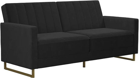 Skylar 77 Inch Futon Sofa Bed in Velvet Fabric, Industrial Modern Upholstered Couch Sleeper