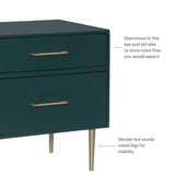 Linon Modern Dark Green Gold Hardware Lennon Two Drawer Nightstand