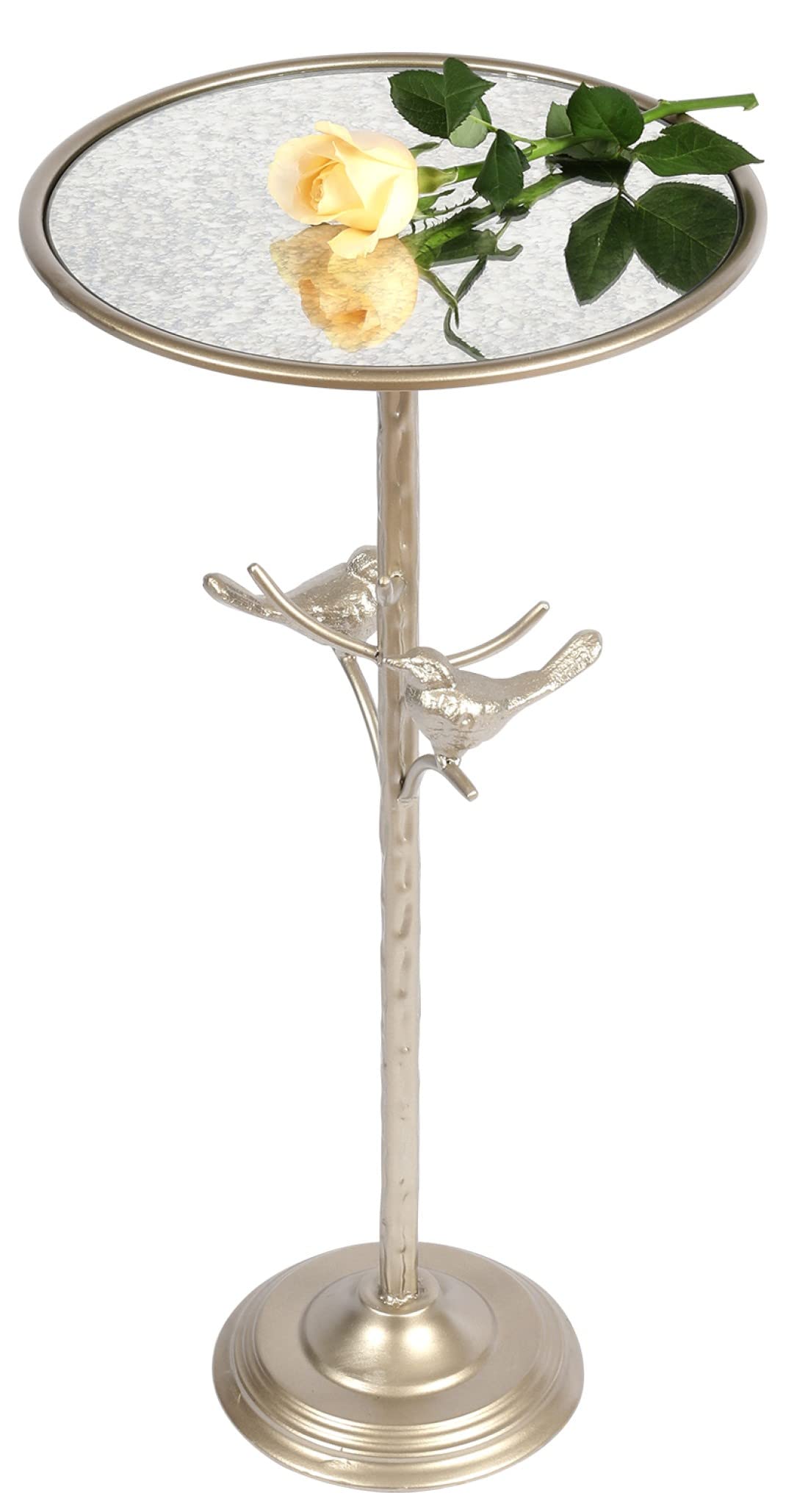 Gold Pedestal Drink Table Glass Top and Birds in Branch, Accent Round End Side Table