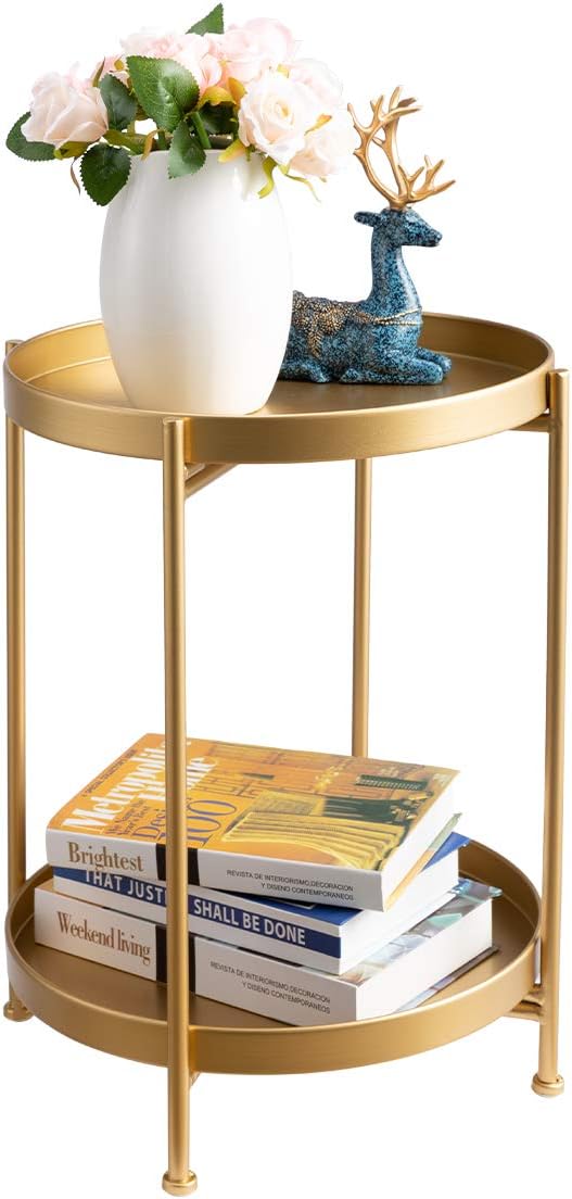 2-Tier Round Metal End Side Table, Accent Anti-Rust Waterproof Simplistic Sofa Table