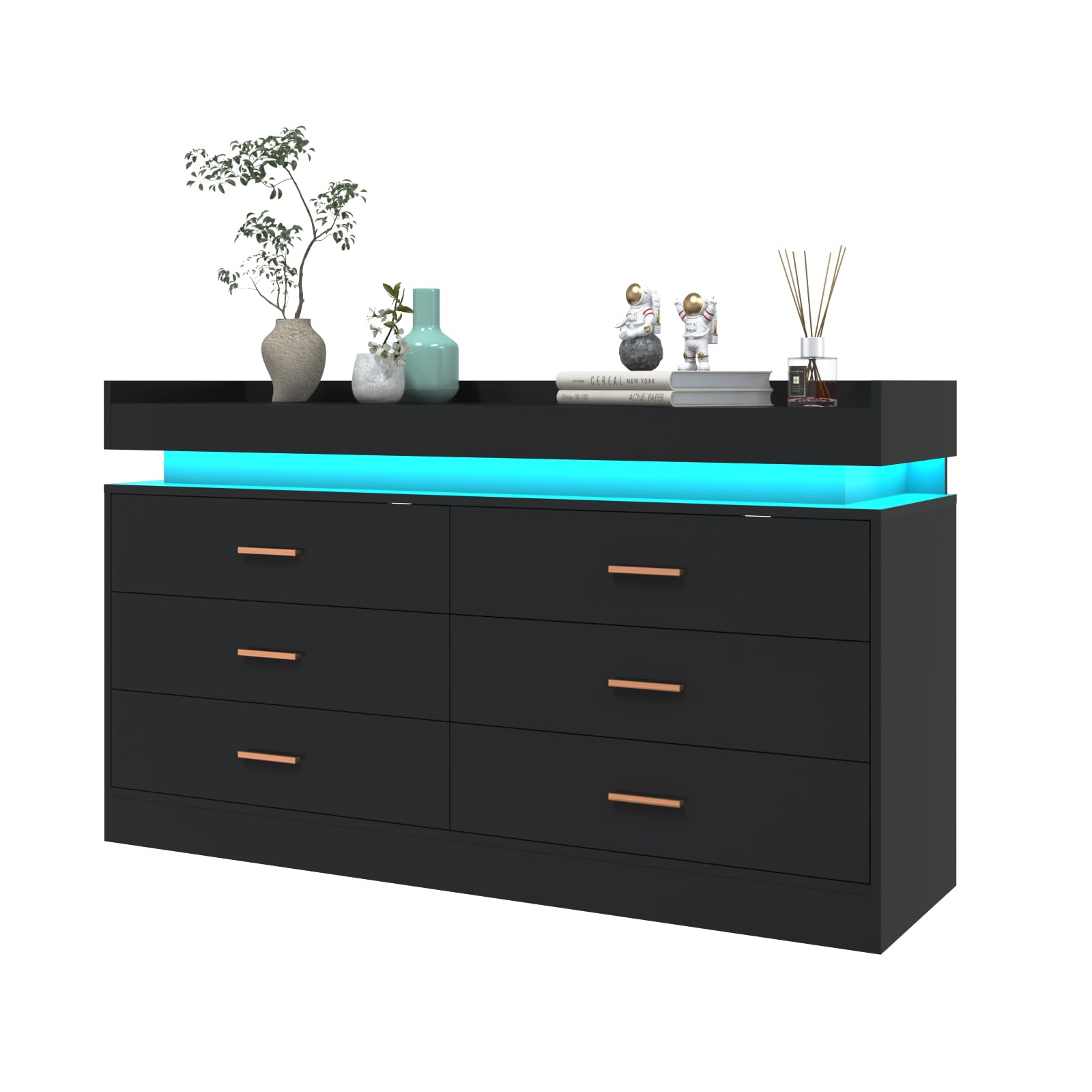 6 Drawer Dresser with LED Light, Modern Chest of Drawers