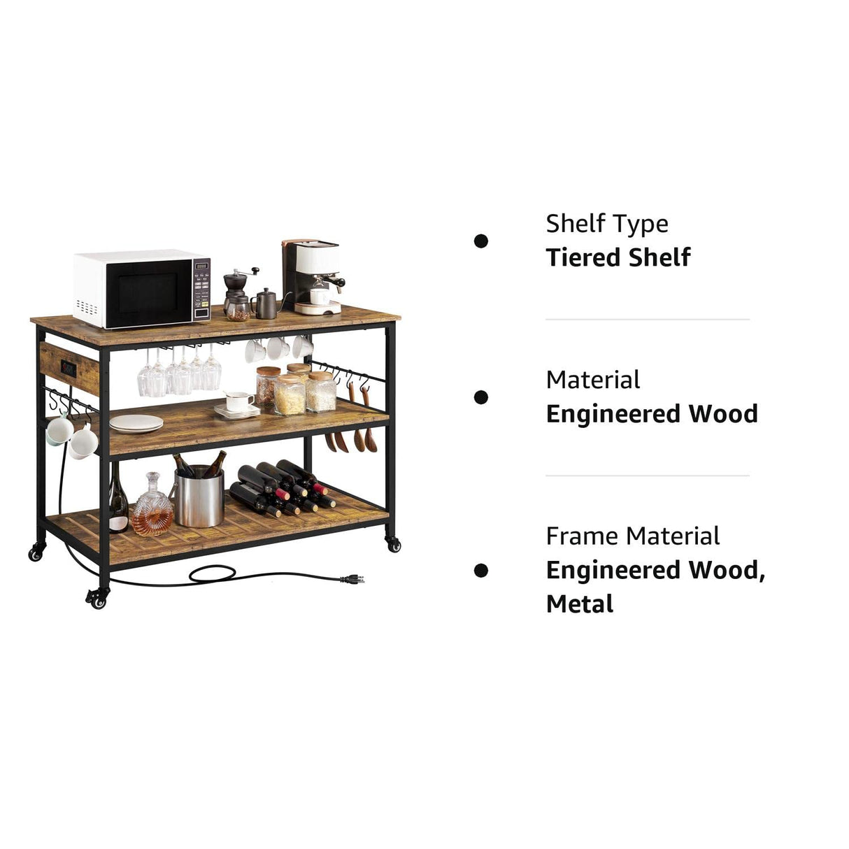 Kitchen Island with Power Outlet, Rolling Kitchen Cart with Wine Rack