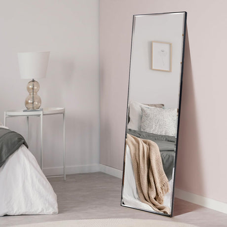 Full Length Mirror 55"x16" Standing or Wall Hanging, Vertical Black Frame HD Rectangle