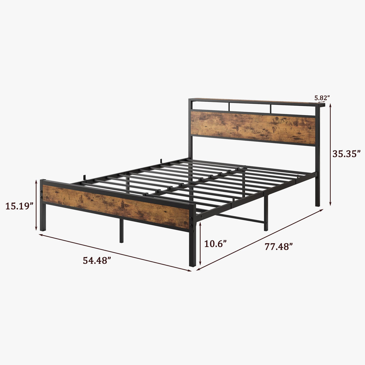 Full Size Bed Frame with Headboard Storage,Wood Bed Frame with Charging Station,