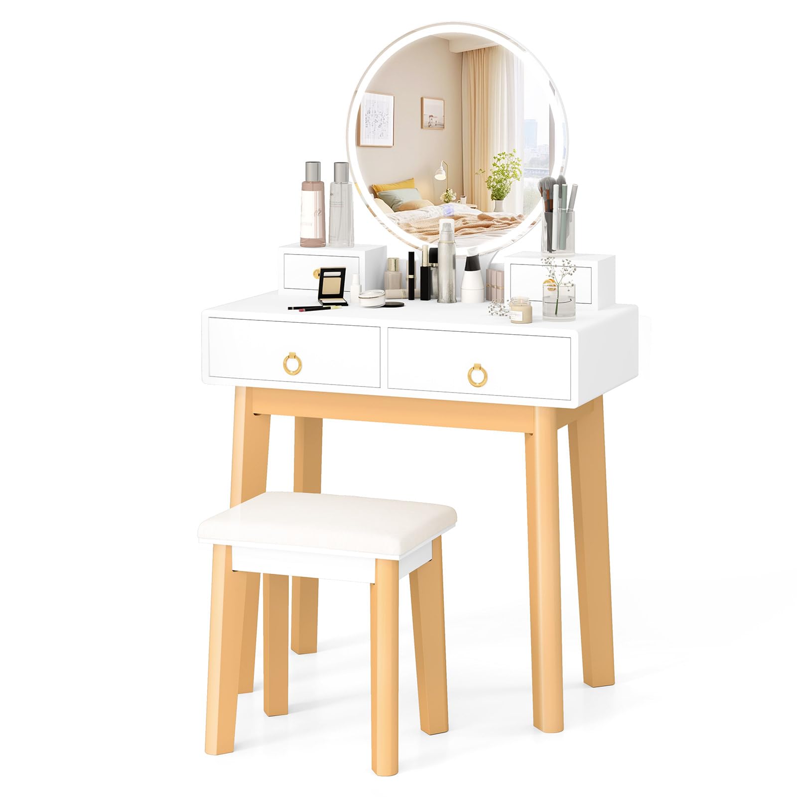 Vanity Desk Set with Lighted Mirror, Dressing Table with 3-Color LED Lights