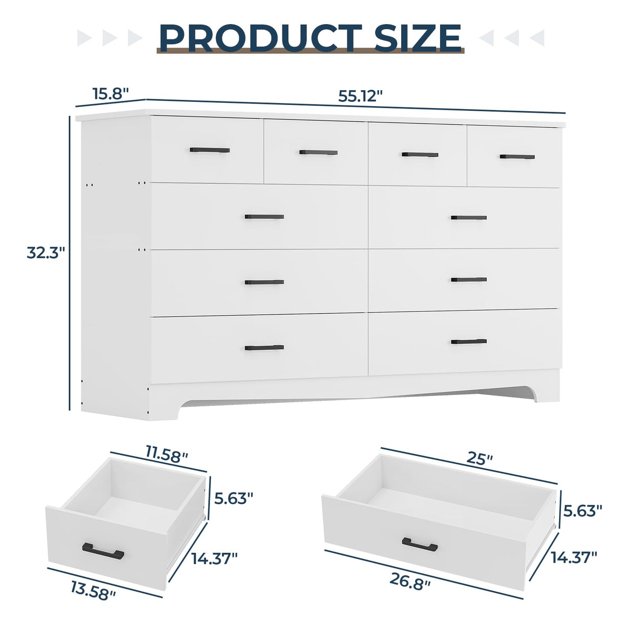 White Bedroom Dresser with 10 Drawers, Large Chest of Drawers Storage Organizer, Long