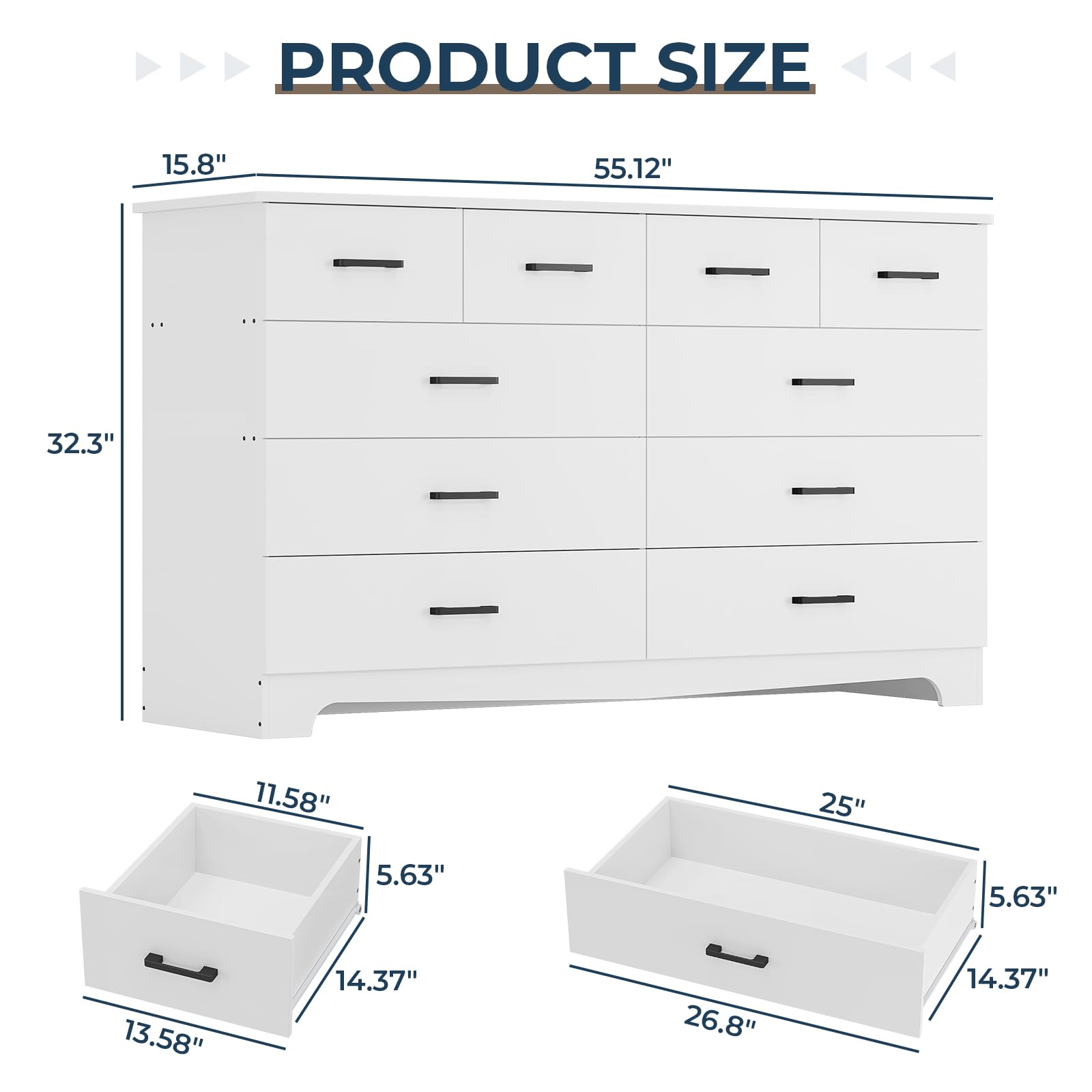 White Bedroom Dresser with 10 Drawers, Large Chest of Drawers Storage Organizer, Long