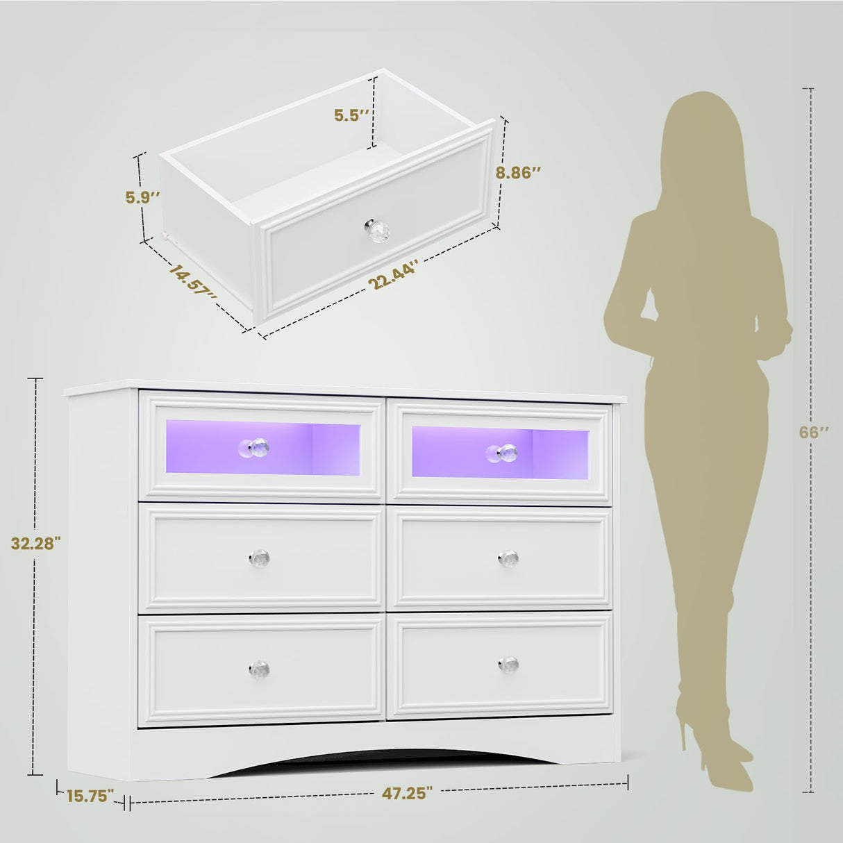 6 Drawer Dresser, White Dressers for Bedroom Chest of Drawers Dresser with LED Lights,