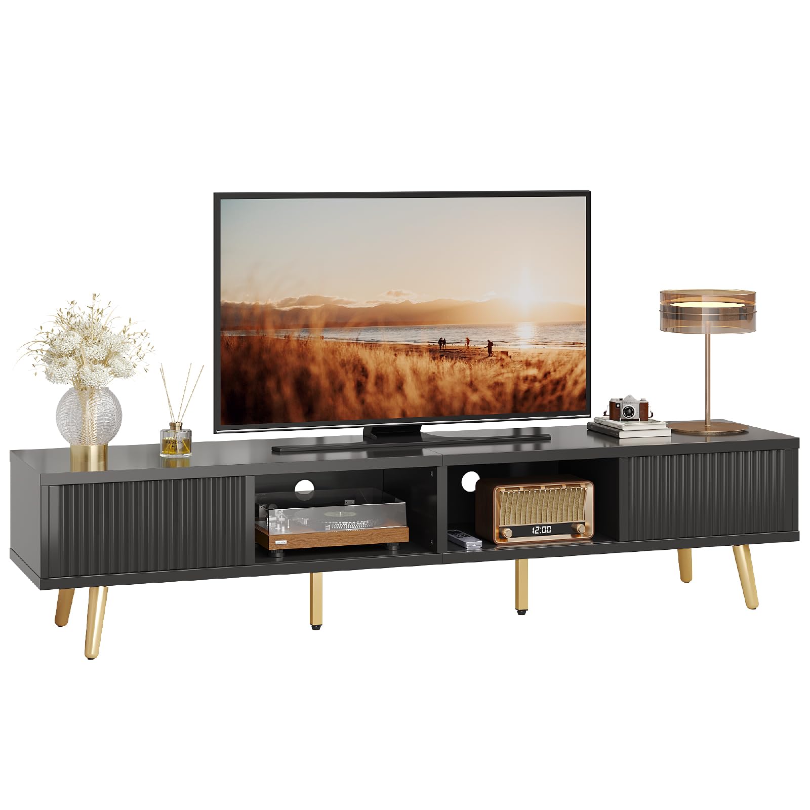 TV Stand for 75/80 inch TV, Low TV Stand with Fluted Sliding Doors