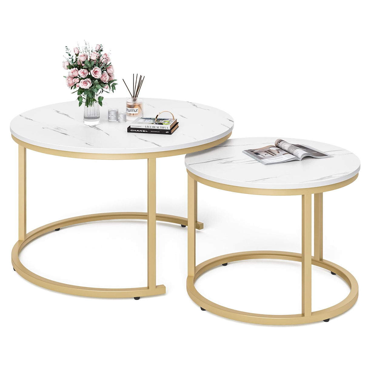 27.5" Nesting Coffee Table,Round Marble Coffee Table Set of 2