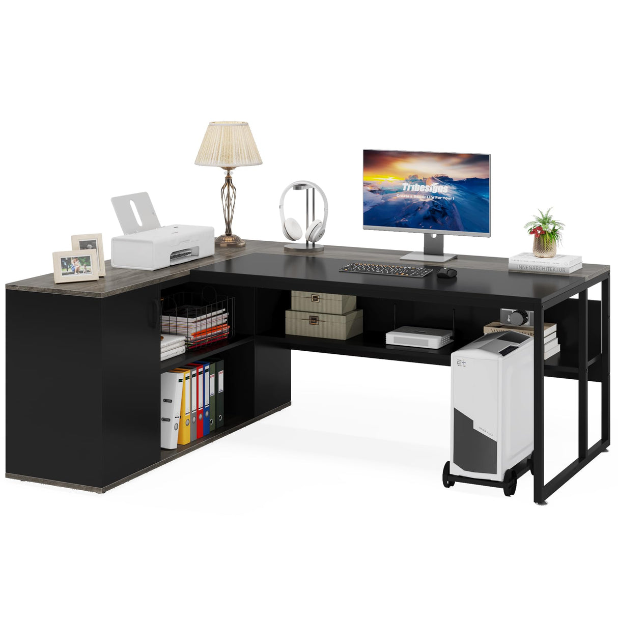 Large Executive Desk with File Cabinet, 71 inch L Shaped Computer Desk Office Desk