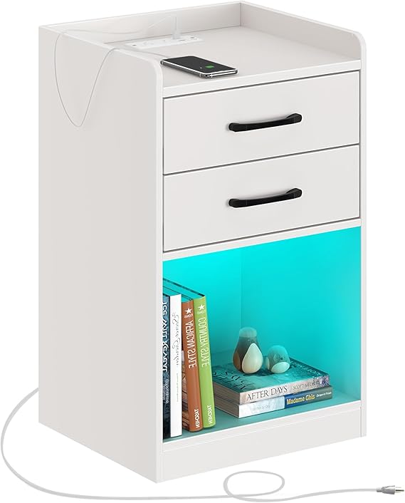 Nightstand with Charging Station and LED Lights, Modern Night Stand with 2 Drawers