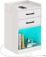 Nightstand with Charging Station and LED Lights, Modern Night Stand with 2 Drawers