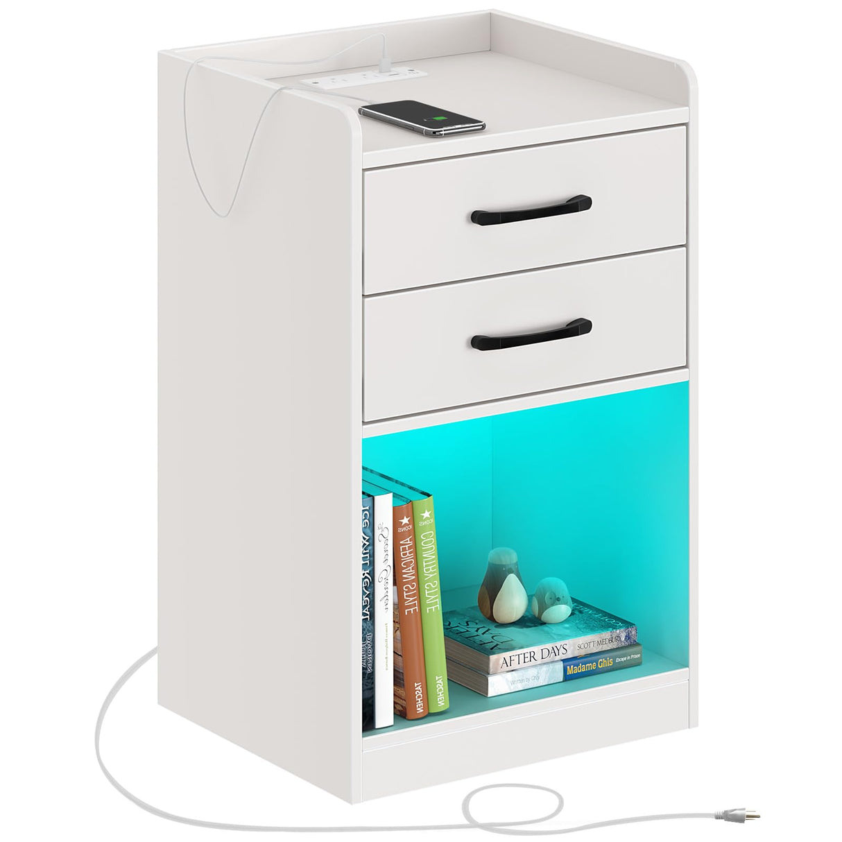 Nightstand with Charging Station and LED Lights, Modern Night Stand with 2 Drawers and Storage