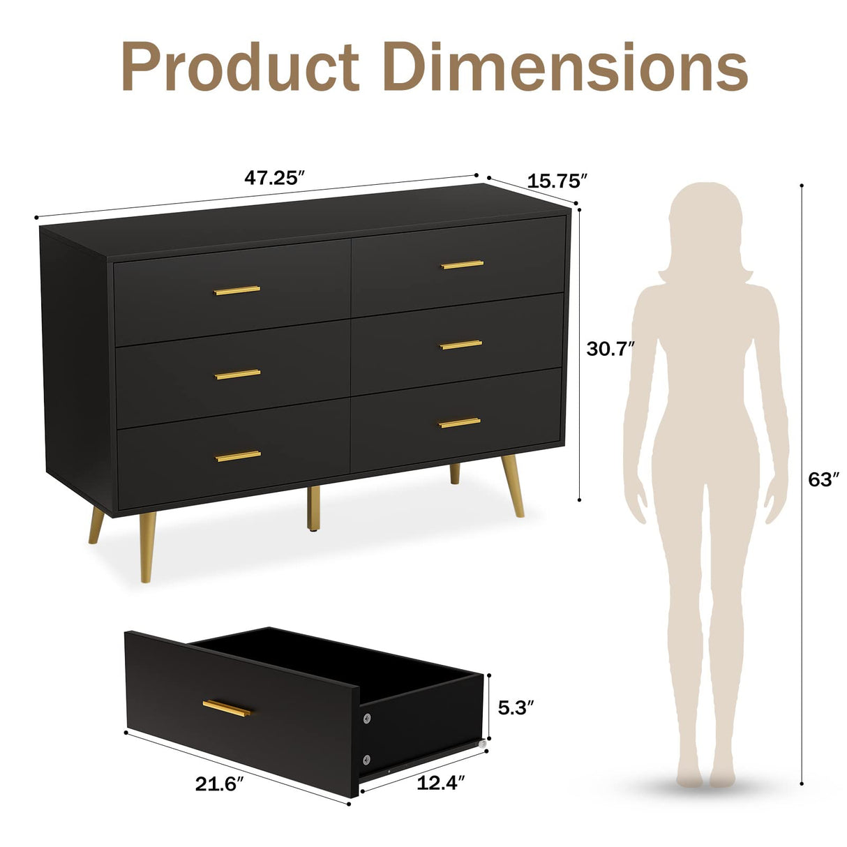 Black 6 Drawer Dresser for Bedroom, Wooden Black Double Dresser with Gold Handles