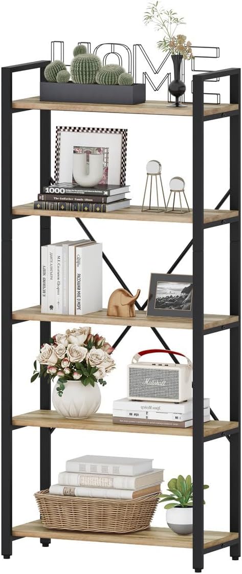 5 Tier Bookshelf, Industrial Wood and Metal Book Shelves for Display, Tall Etagere Bookcase and Rustic Shelving Unit (Rustic Oak)