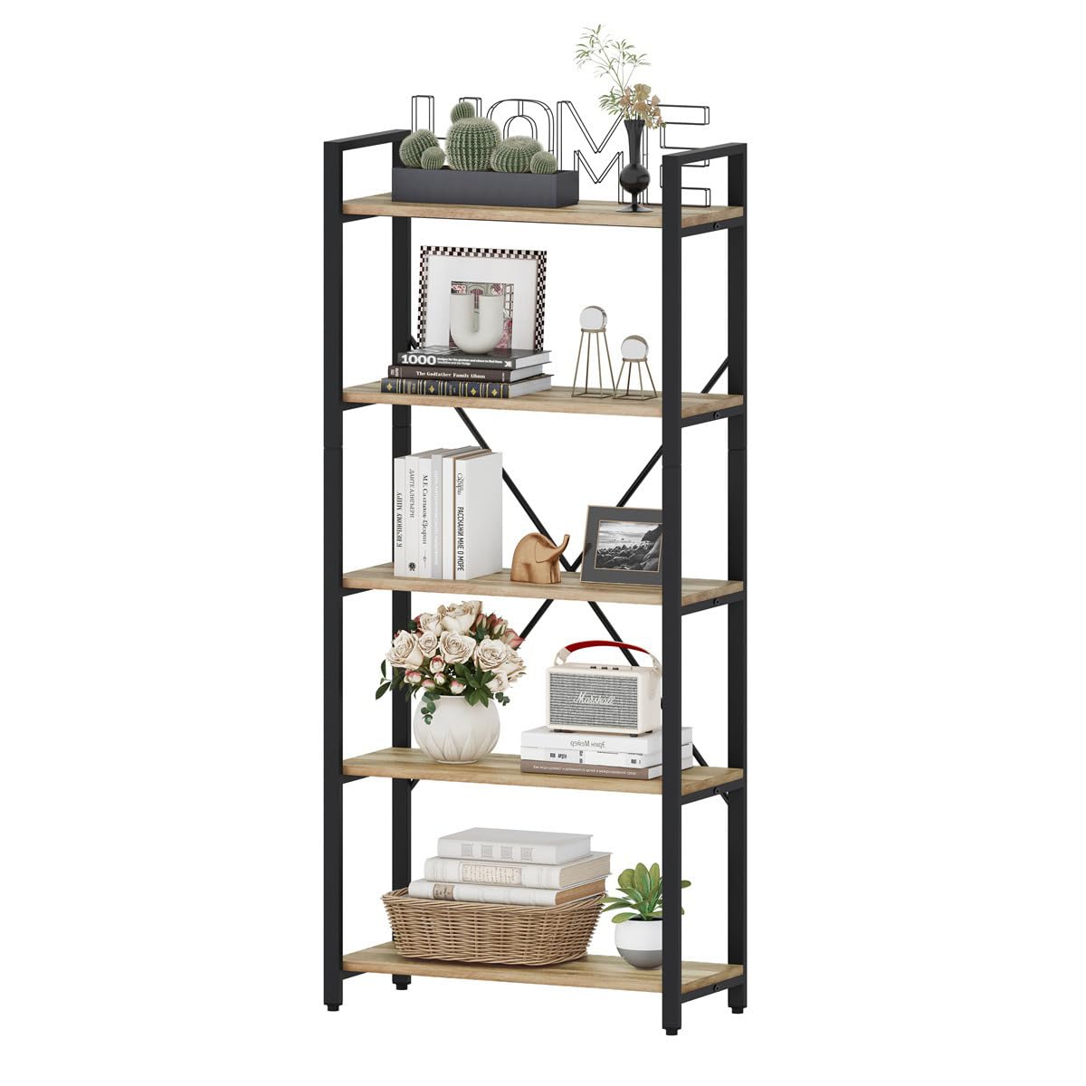 5 Tier Bookshelf, Industrial Wood and Metal Book Shelves for Display, Tall Etagere Bookcase and Rustic Shelving Unit (Rustic Oak)
