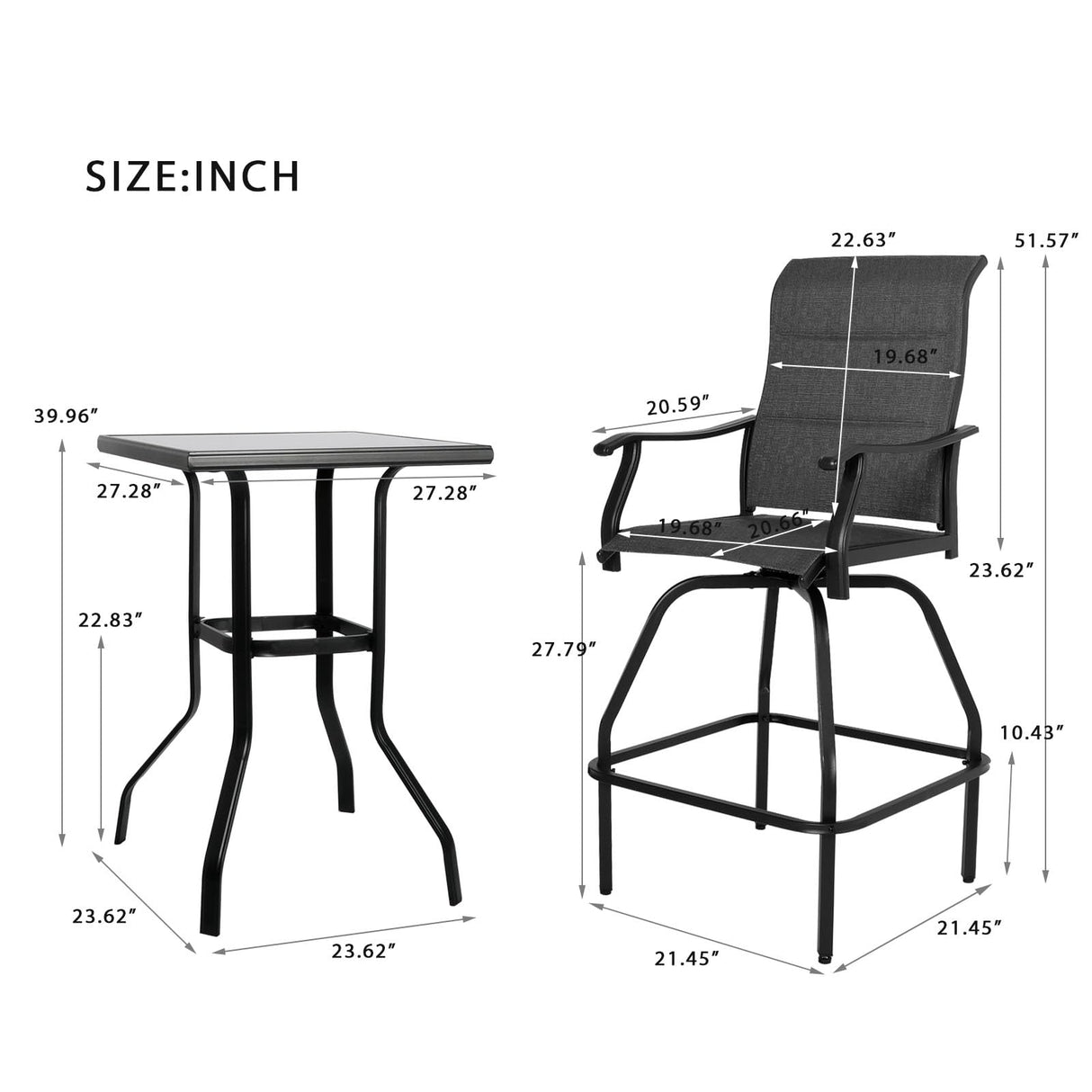 Patio Bar Set  Swivel Bar Stools Outdoor Bistro Textilene Furniture Stability All-Weather Set