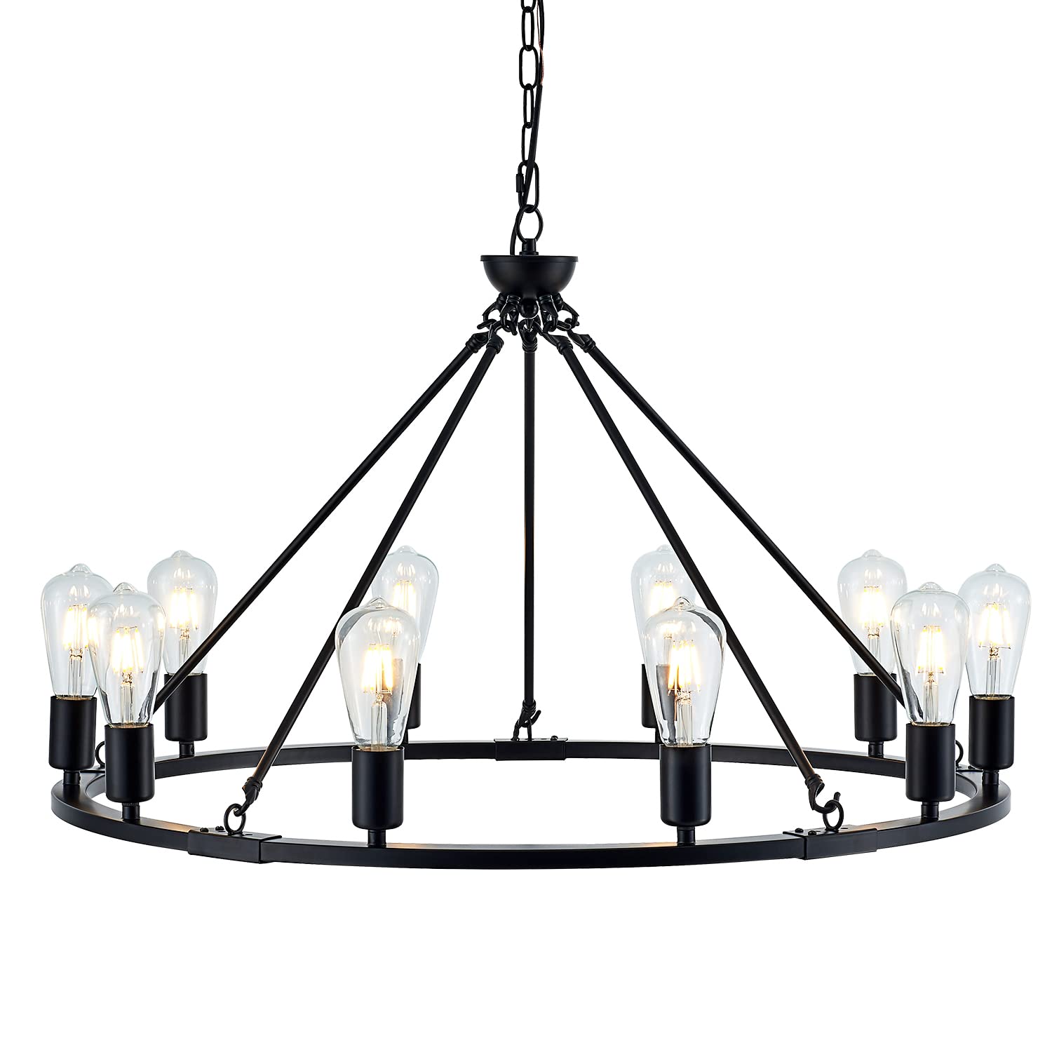 Black Farmhouse Wagon Wheel Chandelier 10-Light 31.5'' Vintage Industrial Round