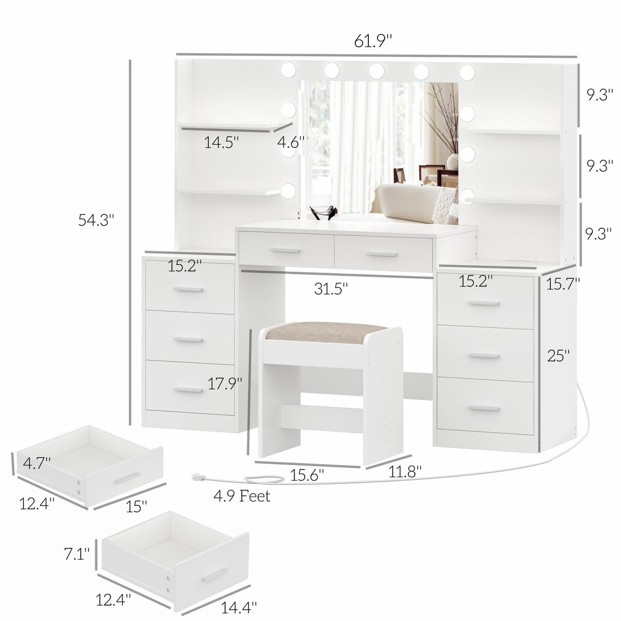 Desk Set with Mirror & Lights, Makeup Vanity with Stool and Charging Station, Makeup Desk with Drawers & Open Storage Shelves, Bedroom Vanity Table Set, White WDT006WD