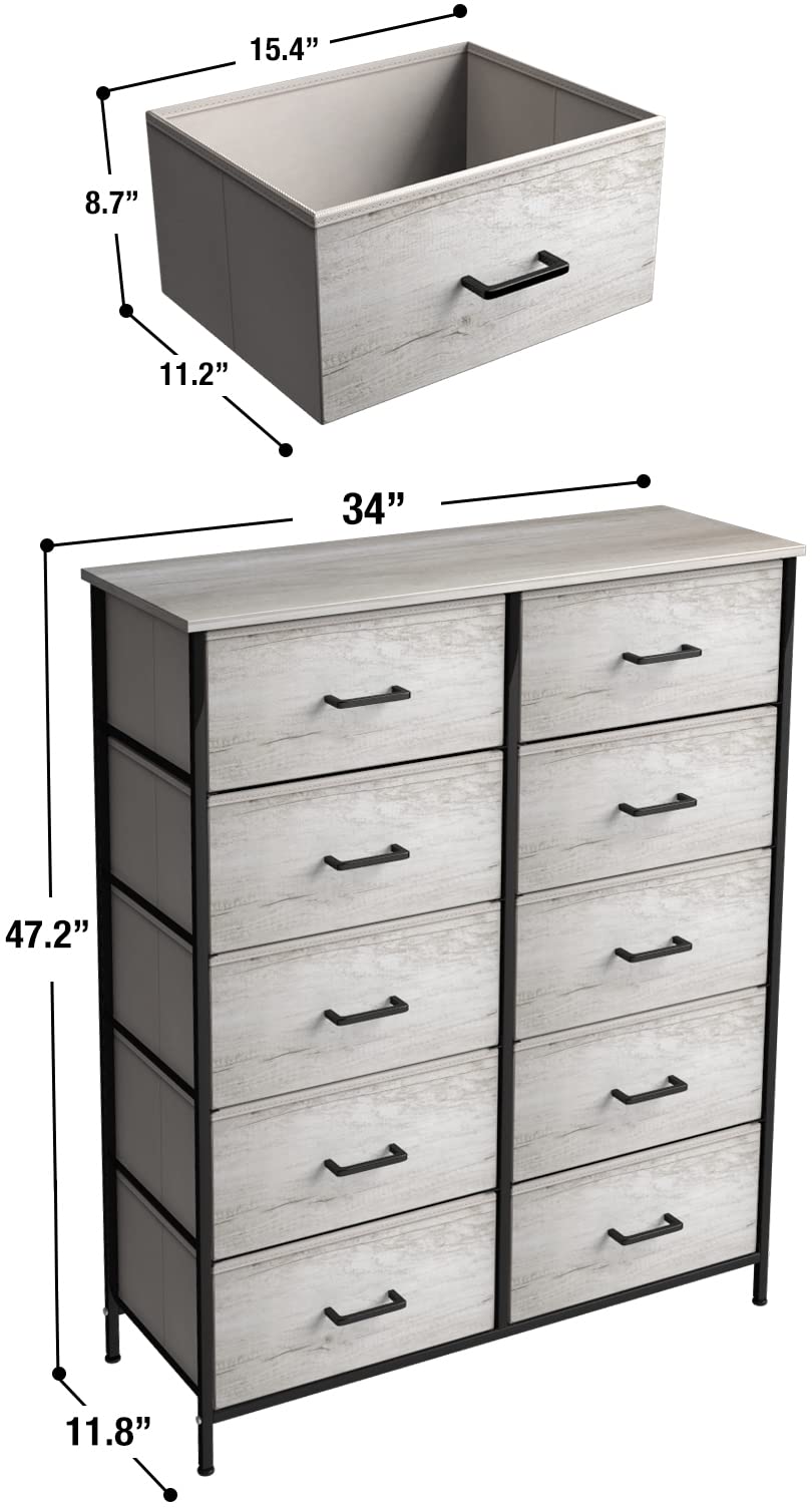 Dresser with 10 Faux Wood Drawers - Chest Organizer Unit with Steel Frame Wood Top