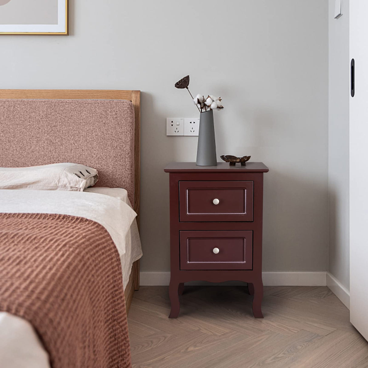 Bedside Tables Set of 2, Farmhouse Brown Nightstands with Storage Drawers