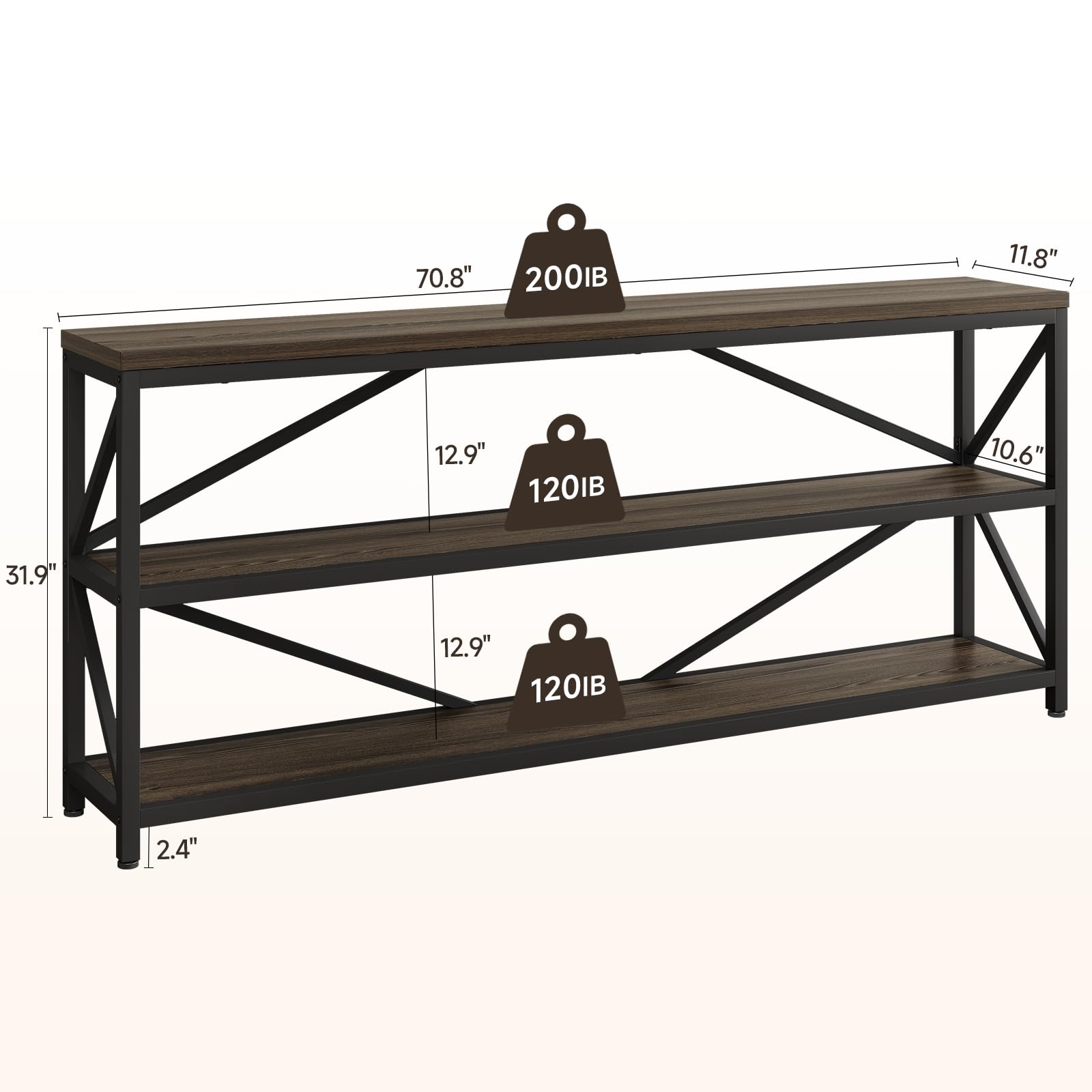 70.8" Industrial Console Table with 3-Tier Storage Shelf